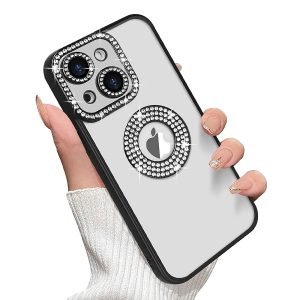 For Apple iPhone 15 Case, MagSafe Magnetic Diamond Rhinestone Glitter Crystal Bling Camera Lens Protector Case (Black)
