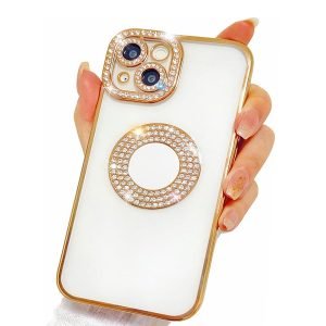 For Apple iPhone 15 Case, MagSafe Magnetic Diamond Rhinestone Glitter Crystal Bling Camera Lens Protector Case (Gold)