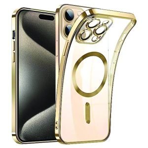 For Apple iPhone 15 Pro MagSafe Magnetic Case with HaloLock Shockproof Military Grade Protection Scratch Resistant Back Clear Protective Cover (Gold)