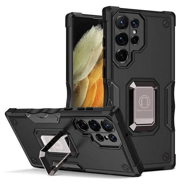 For Samsung Galaxy S21 Ultra Magnetic Ring Rugged Shockproof Case Heavy Duty Protective Case - Black