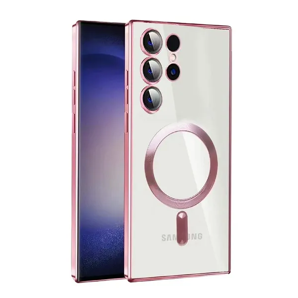 For Samsung Galaxy S23 Ultra MagSafe Magnetic Cover with HaloLock Shockproof Clear Protective Case (Rose Gold)