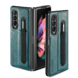 For Samsung Galaxy Z Fold 5 5G Phone Case with S Pen Holder, PU Leather Protective Case Cover (Cyan Blue)