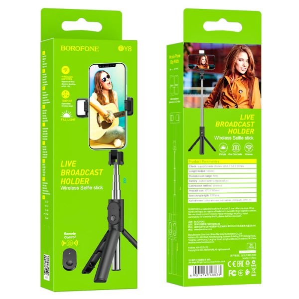 BOROFONE Y8 Wireless Selfie Stick with Remote Control and Live Broadcast Holder