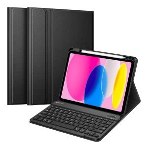 For Apple iPad 10th Gen 10.9 2022 Wireless Bluetooth Keyboard Case, Folio Leather Smart Stand Cover (Black)