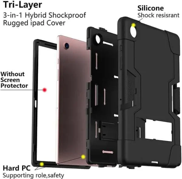 For Galaxy Tab A9+ Plus Hybrid Fancy Kickstand 3 in 1 Shockproof Heavy Duty Hybrid Hard Protective Case (Black)