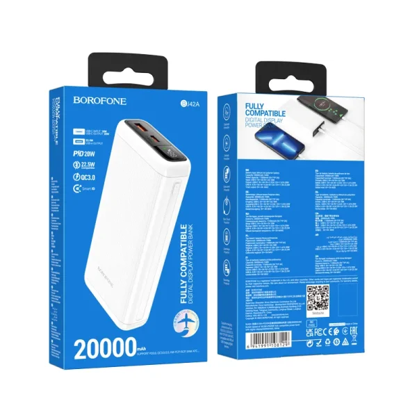 For Borofone BJ42A Speed of 22.5W+PD20W Fully Compatible Power Bank With Digital Display - White