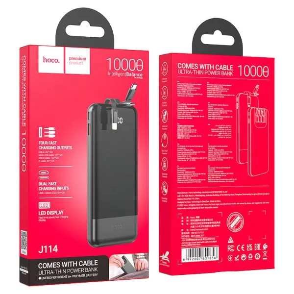For Hoco J114 All Cable With Type-C, Micro-USB,USB-A port Digital Display 10000mAh Power Bank - Black
