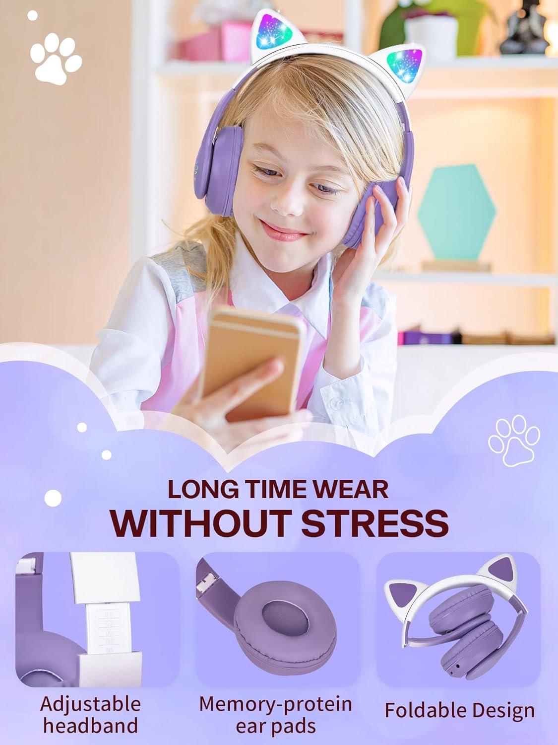 HOCO. Wireless W42 Cat ears BT headphones Supports AUX Mode and TF Card - Purple