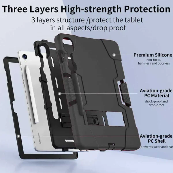 For Galaxy Tab S9 Hybrid Fancy Kickstand 3 in 1 Shockproof Heavy Duty Hybrid Hard Protective Case (Black)