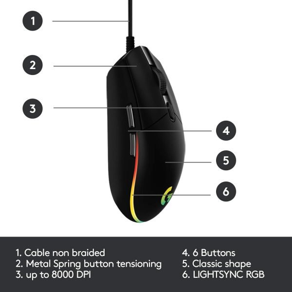 Logitech G102 2nd Gen Light Sync Gaming Mouse Wired 8000 DPI 6 Programmable Buttons RGB - Black