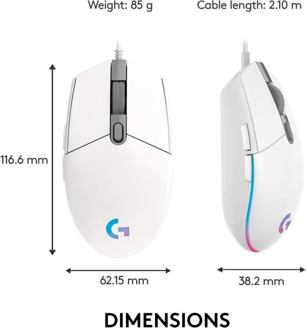 Logitech G102 2nd Gen Light Sync Gaming Mouse Wired 8000 DPI 6 Programmable Buttons RGB - White