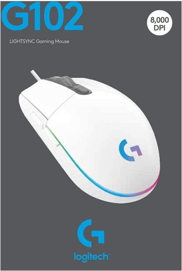 Logitech G102 2nd Gen Light Sync Gaming Mouse Wired 8000 DPI 6 Programmable Buttons RGB - White