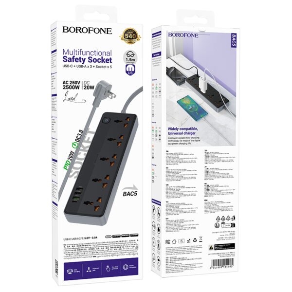 BOROFONE BAC5A Lord Power Strip with 5 Outlets, 3 USB Ports and 1 Type-C Port PD20W 1C3A - Black