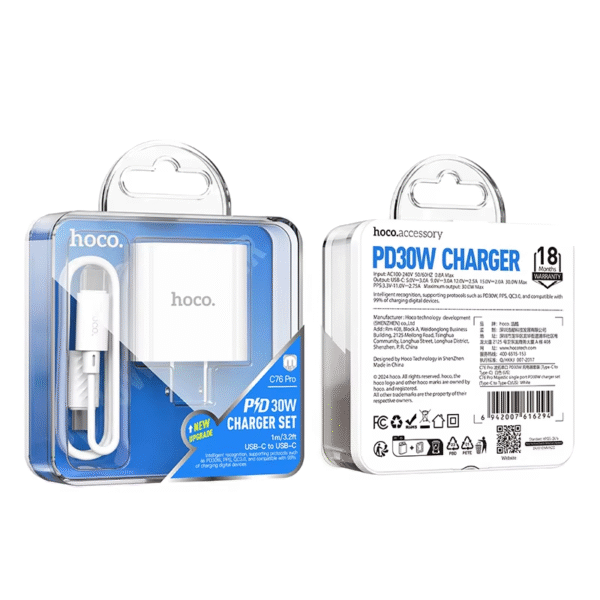 Hoco C76 Pro Super Fast Charger with type-c to type Cable Fast charging PD 30W Charger