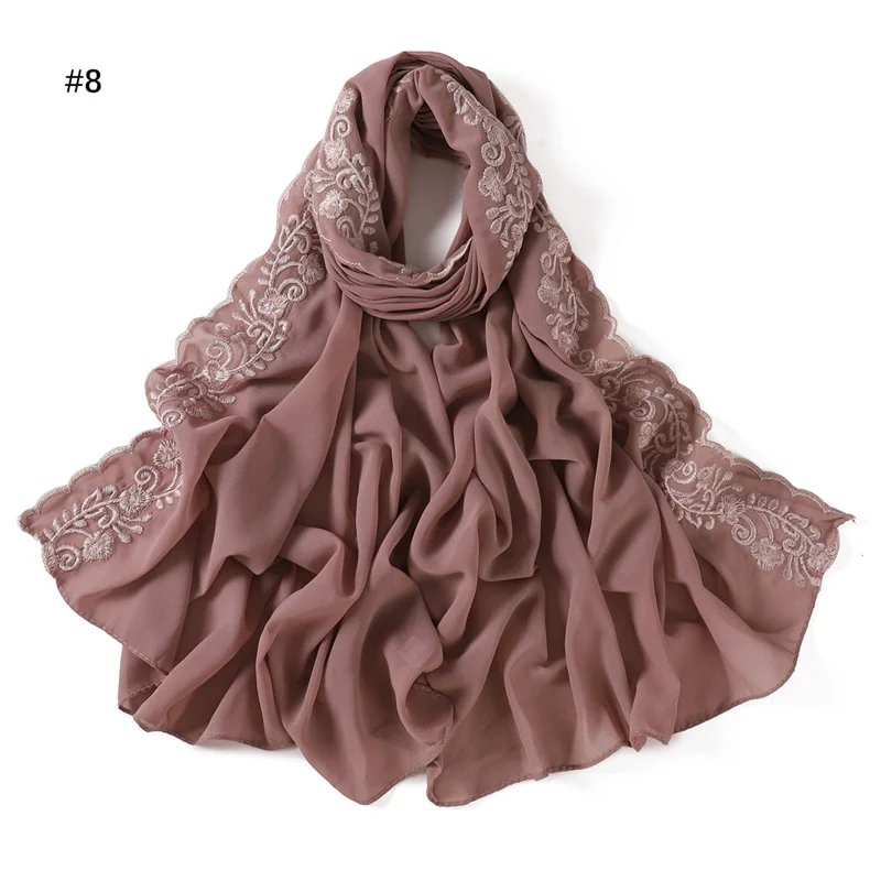 Embroidery Lace Chiffon Hijabs for women Vine Heavy Pearl Industry Edge Long Scarf Light Scarf Headscarf Shawl Turban Ramadan - Ashes