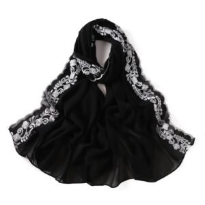 Embroidery Lace Chiffon Hijabs for women Vine Heavy Pearl Industry Edge Long Scarf Light Scarf Headscarf Shawl Turban Ramadan - Black