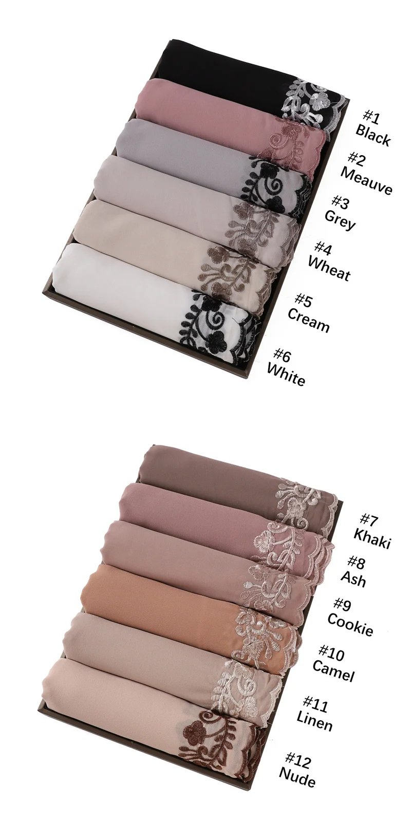 Embroidery Lace Chiffon Hijabs for women Vine Heavy Pearl Industry Edge Long Scarf Light Scarf Headscarf Shawl Turban Ramadan - Black