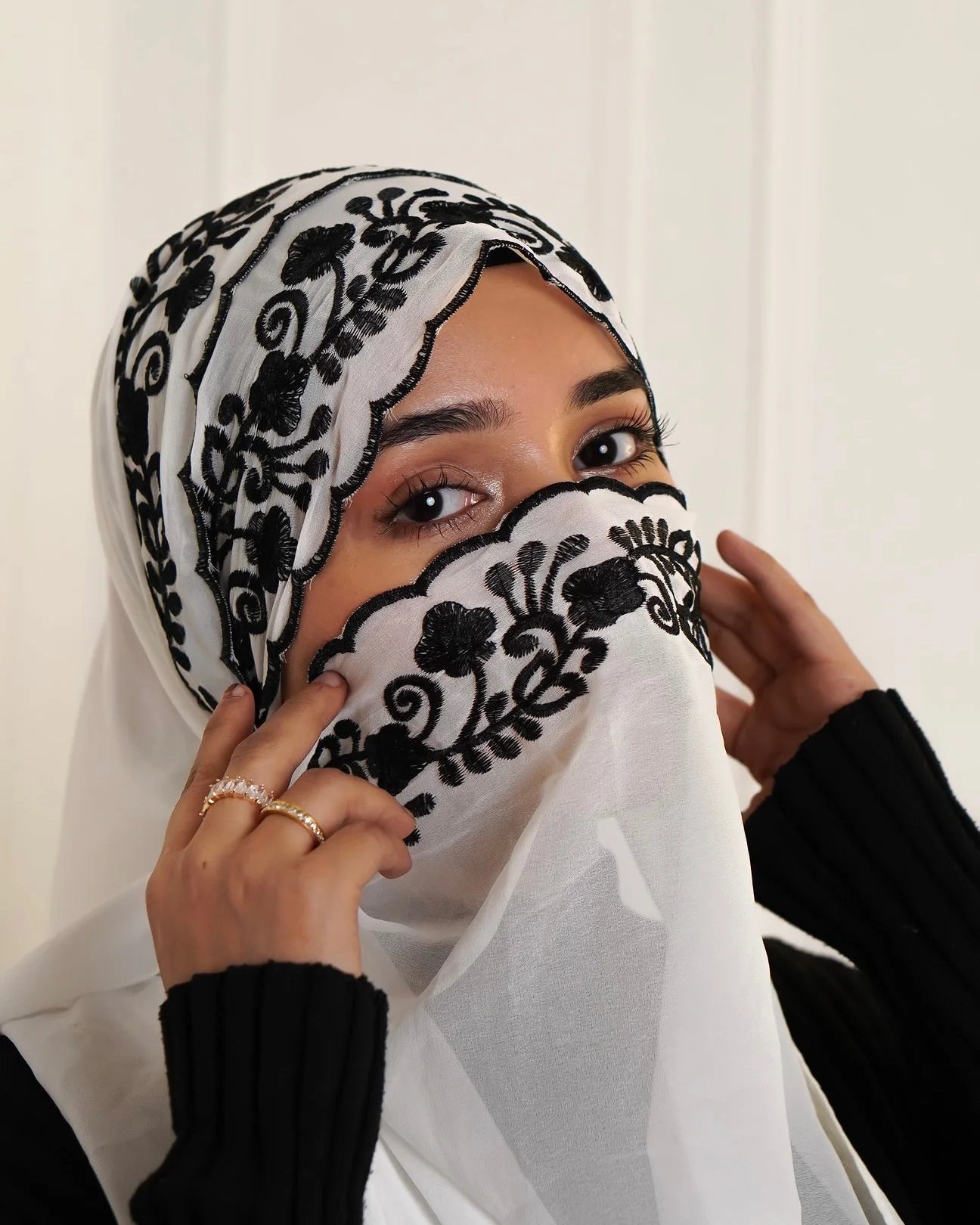 Embroidery Lace Chiffon Hijabs for women Vine Heavy Pearl Industry Edge Long Scarf Light Scarf Headscarf Shawl Turban Ramadan - Black