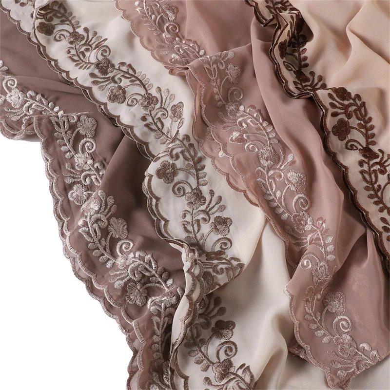 Embroidery Lace Chiffon Hijabs for women Vine Heavy Pearl Industry Edge Long Scarf Light Scarf Headscarf Shawl Turban Ramadan - Black