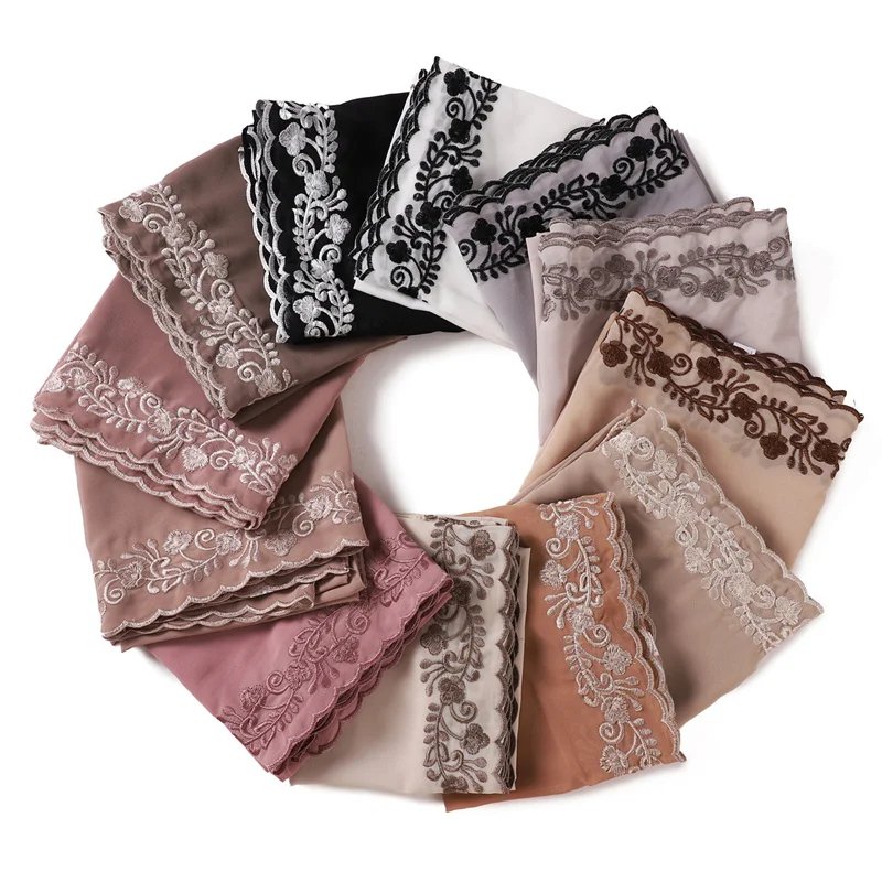 Embroidery Lace Chiffon Hijabs for women Vine Heavy Pearl Industry Edge Long Scarf Light Scarf Headscarf Shawl Turban Ramadan - Black