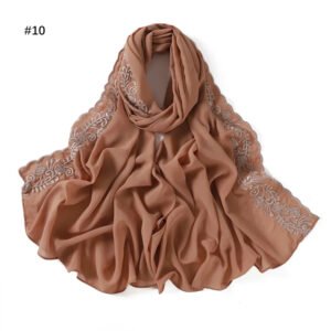 Embroidery Lace Chiffon Hijabs for women Vine Heavy Pearl Industry Edge Long Scarf Light Scarf Headscarf Shawl Turban Ramadan - Camel