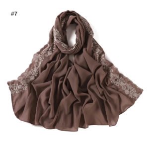 Embroidery Lace Chiffon Hijabs for women Vine Heavy Pearl Industry Edge Long Scarf Light Scarf Headscarf Shawl Turban Ramadan - Khaki