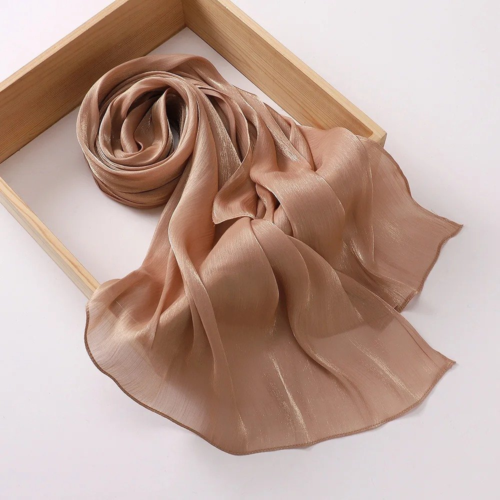 Premium Soft Shimmer Hijab Head Scarf for Islamic Muslim Hair Wraps Women Lightweight Scarves Sheer Crepe Shawl - Caramel