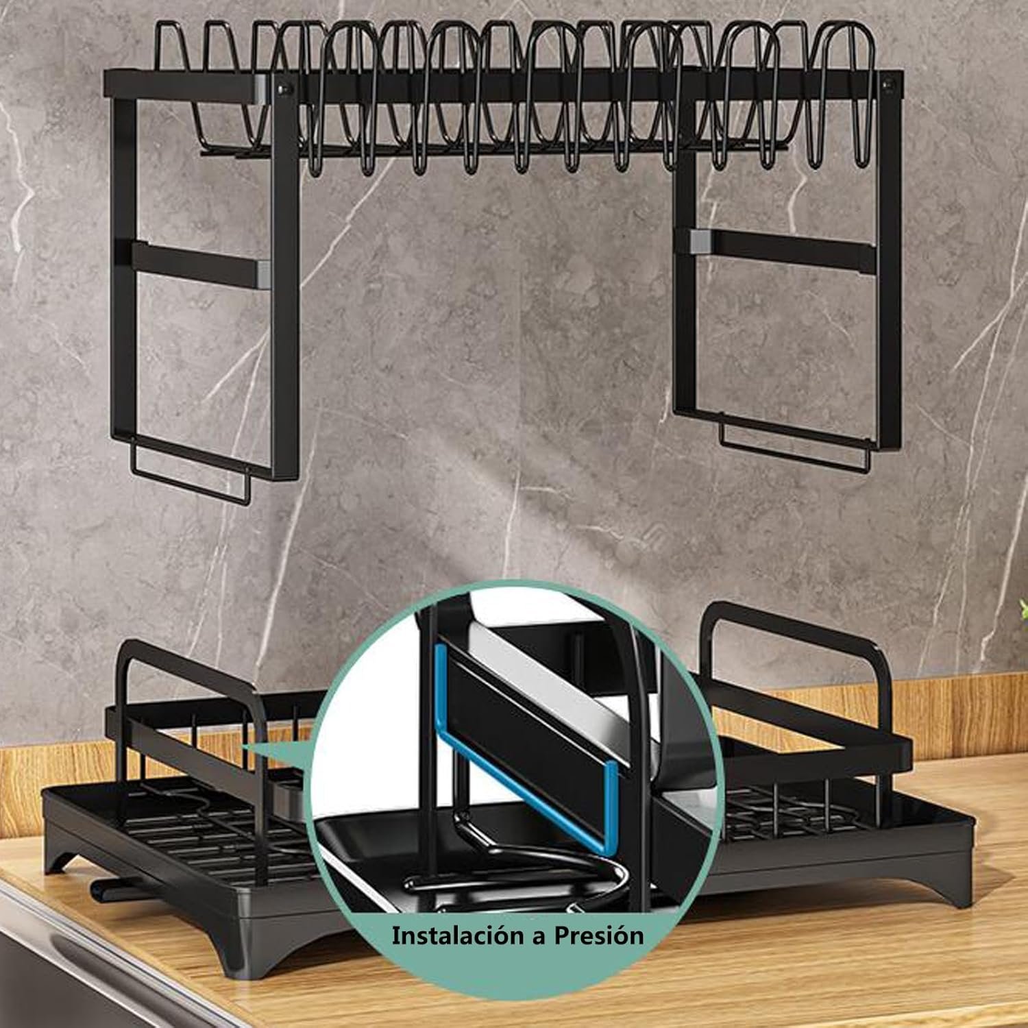 Dish Drying Rack,2 Tier Drying Rack Kitchen with Drainboard,Large Capacity Dish Drainer Organizer Shelf with Utensil Holder, Cup Rack for Kitchen Counter (Black) - Image 4