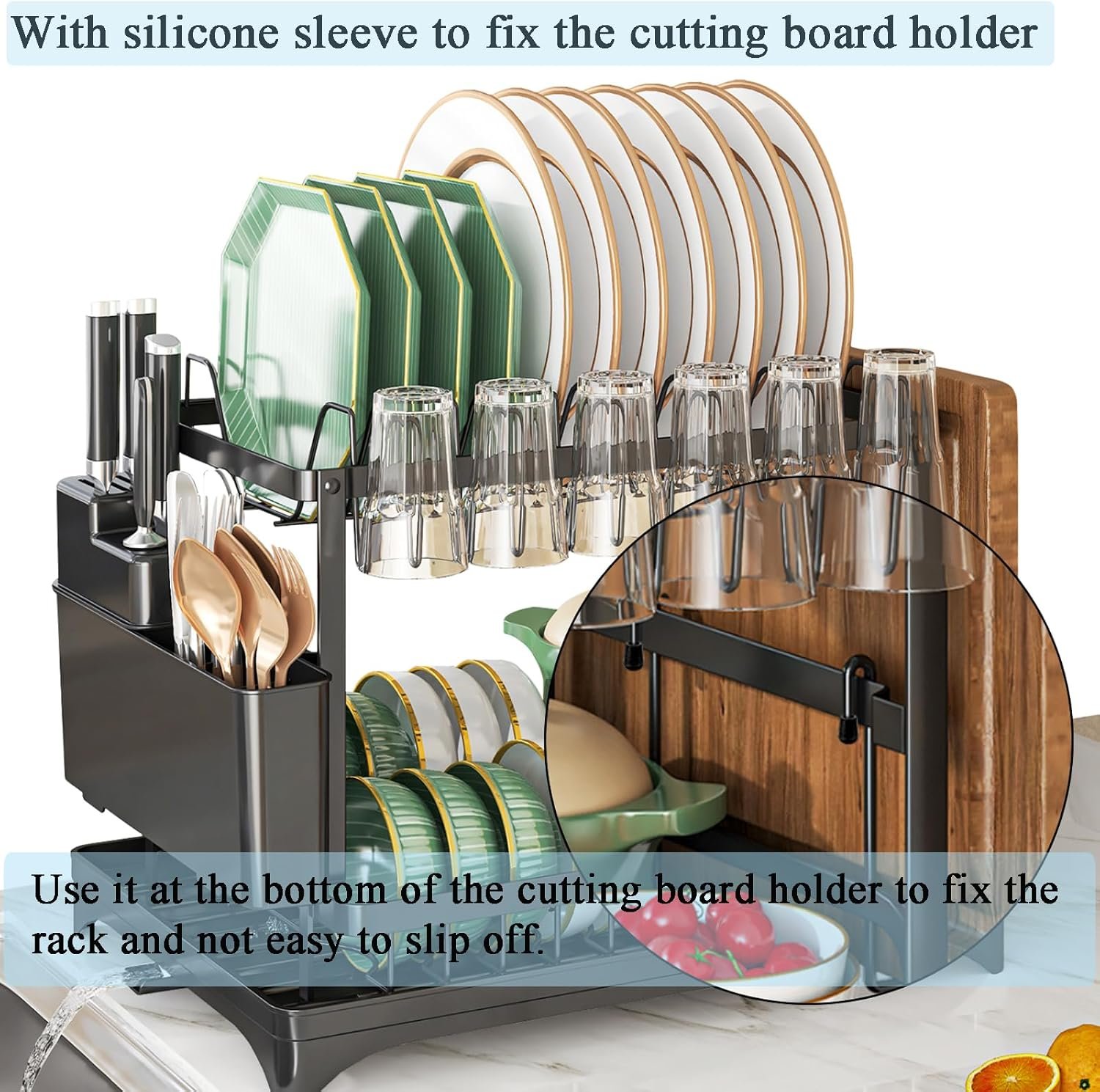 Dish Drying Rack,2 Tier Drying Rack Kitchen with Drainboard,Large Capacity Dish Drainer Organizer Shelf with Utensil Holder, Cup Rack for Kitchen Counter (Black) - Image 5