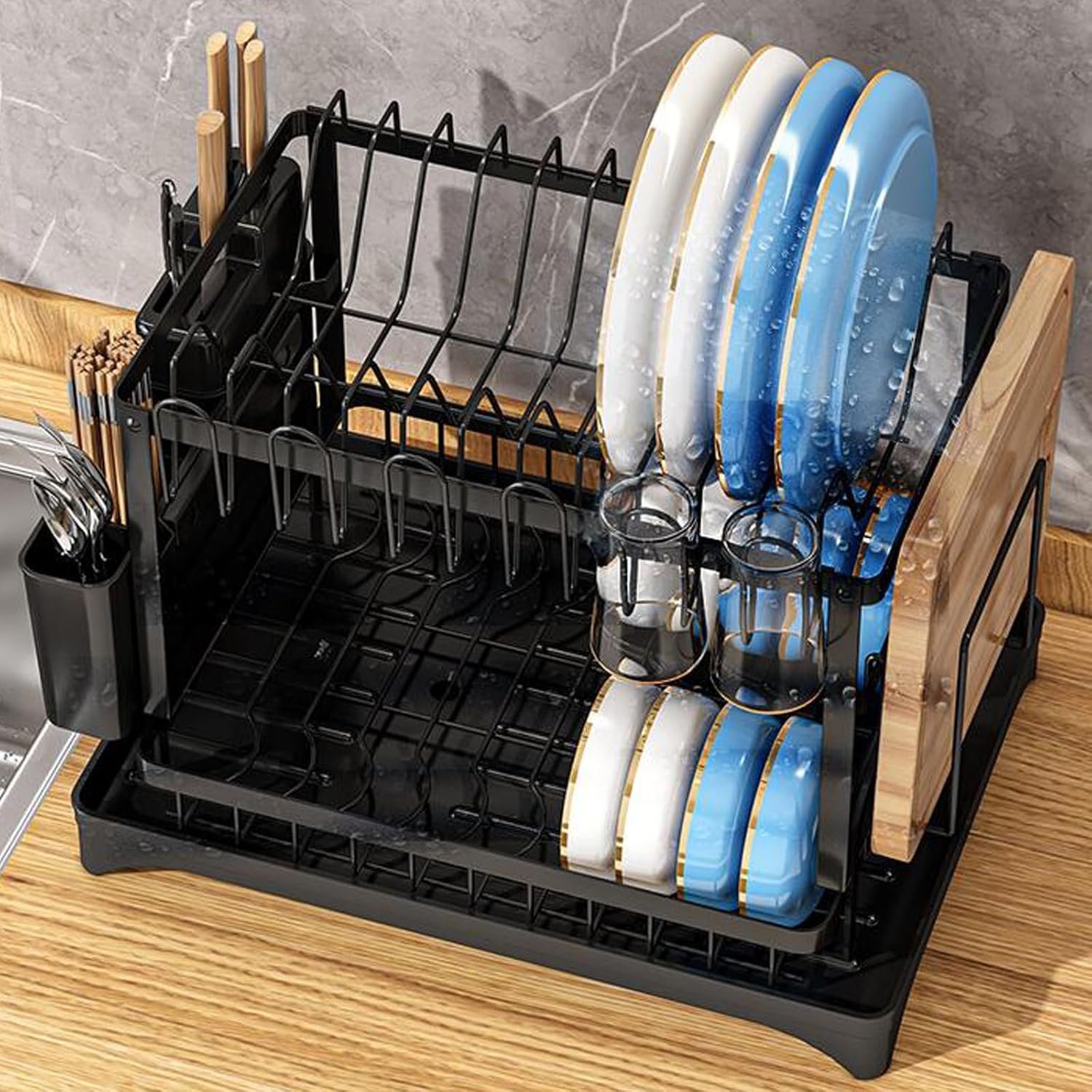 Dish Drying Rack,2 Tier Drying Rack Kitchen with Drainboard,Large Capacity Dish Drainer Organizer Shelf with Utensil Holder, Cup Rack for Kitchen Counter (Black) - Image 6