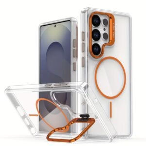 For Samsung Galaxy S26 Ultra Magnetic Case Clear MagSafe Cover with Ring Stand - Orange