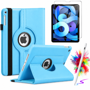 iPad 10.2" Case with Tempered Glass Screen Protector & Stylus Pen – Rotating 360 Dgree Stand Protective Cover for iPad 9th, 8th & 7th Generation - Sky Blue